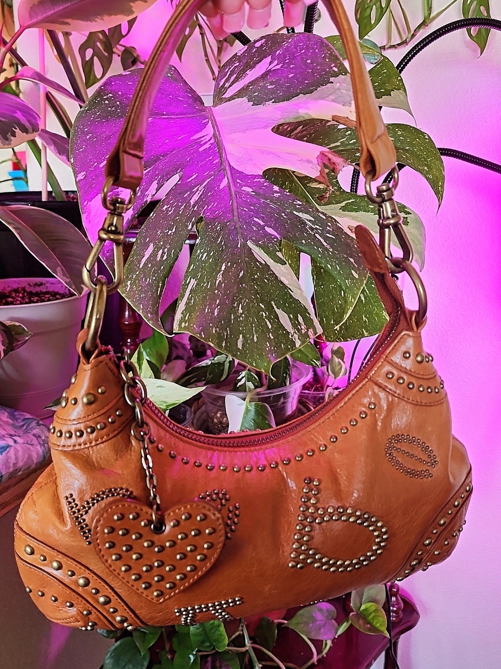 BEBE Studded Tan Leather Shoulder Bag Y2K